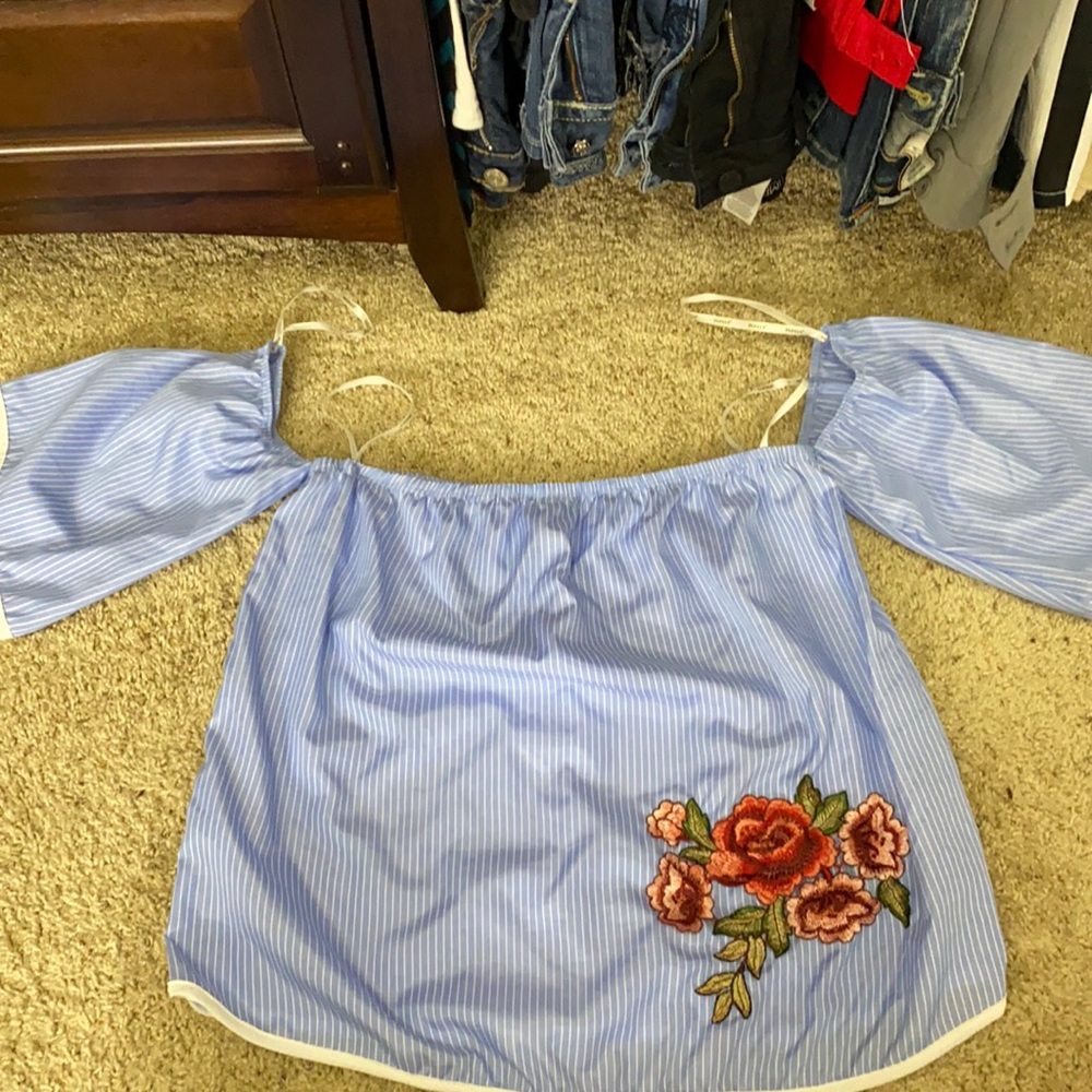 Pin striped off the shoulder top